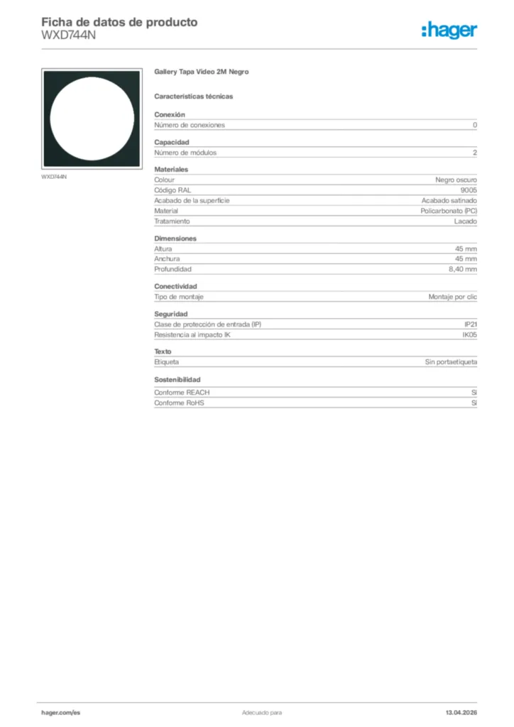 Imagen Hager Ficha de datos de producto WXD744N | Hager España