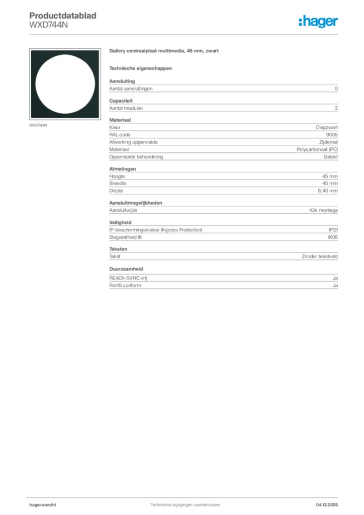 Afbeelding Hager Productdatablad WXD744N | Hager Nederland