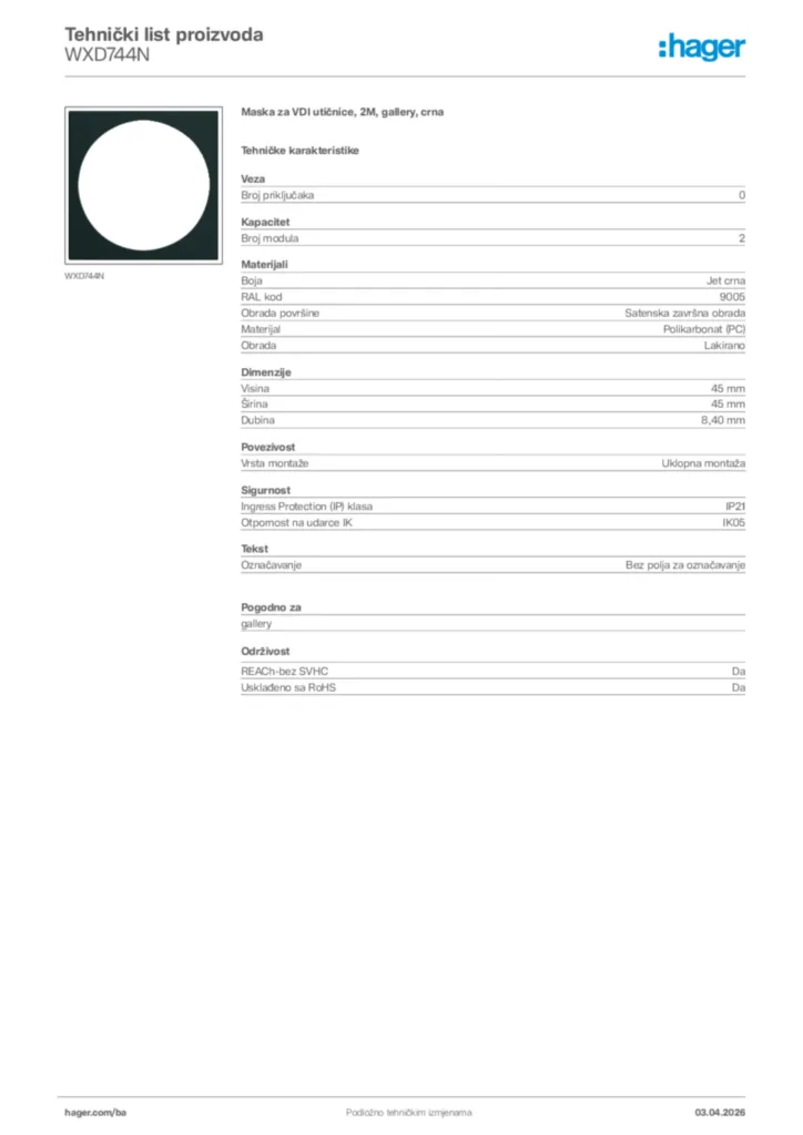 Slika Hager Tehnički list proizvoda WXD744N  | Hager