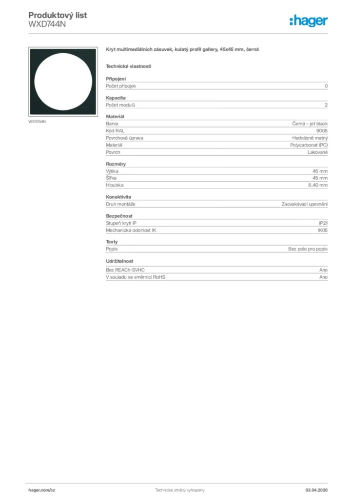 Obrázek Hager Product data sheet WXD744N | Hager
