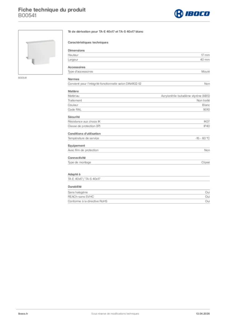 Image Iboco Fiche technique du produit B00541 | Hager France