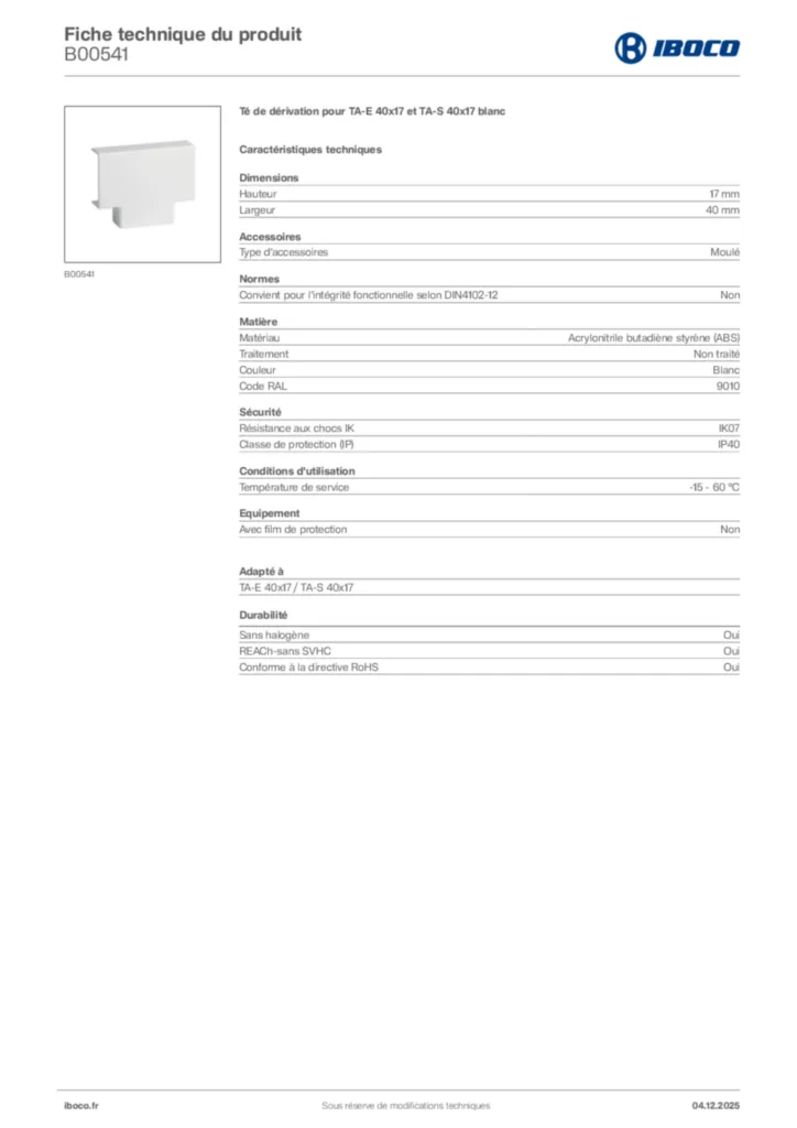 Image Iboco Fiche technique du produit B00541 | Hager France