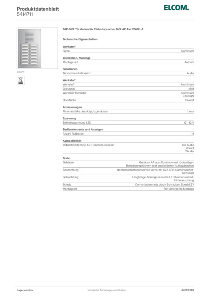 Bild Elcom Produktdatenblatt 5414711 | Hager Deutschland