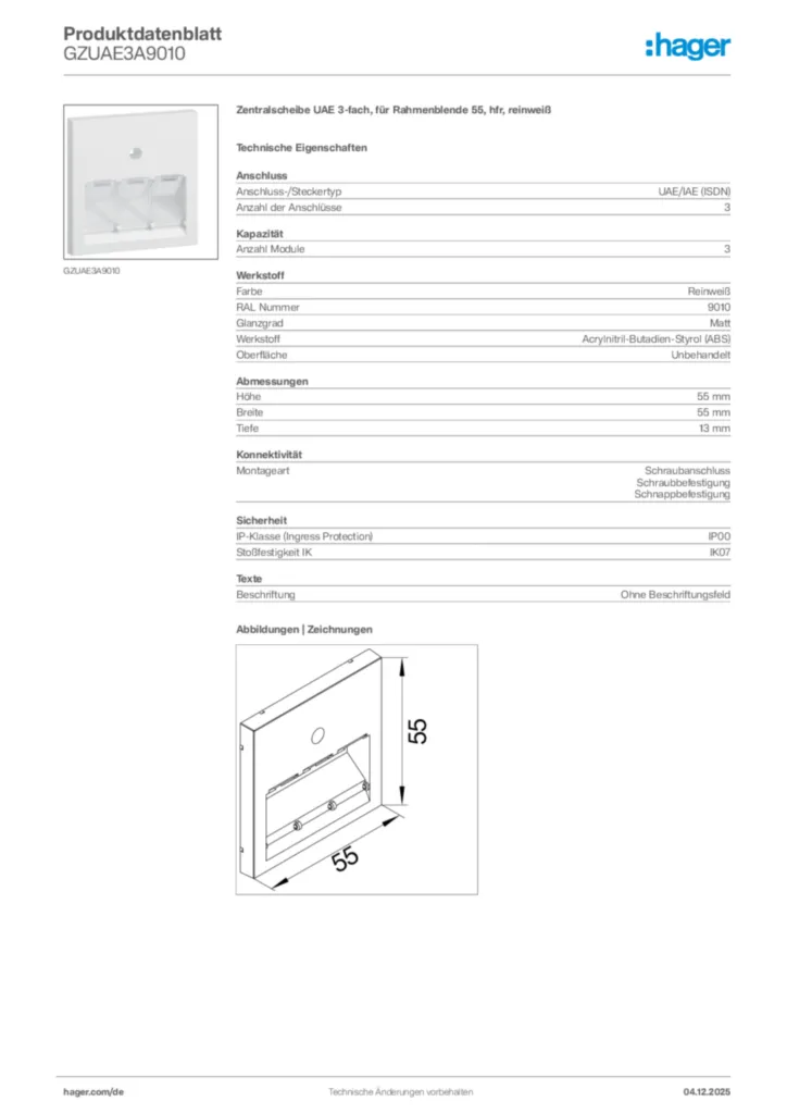 Bild Hager Produktdatenblatt GZUAE3A9010 | Hager Deutschland