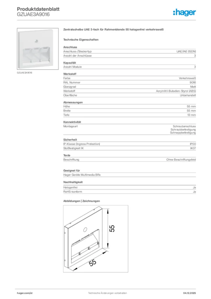 Bild Hager Produktdatenblatt GZUAE3A9016 | Hager Deutschland