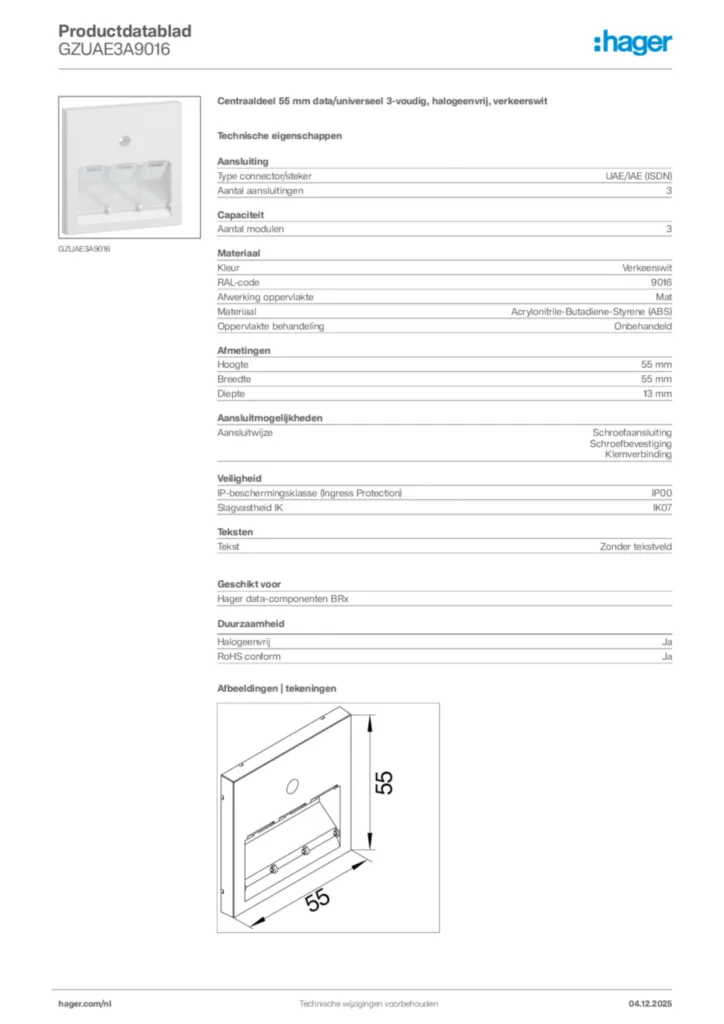 Afbeelding Hager Productdatablad GZUAE3A9016 | Hager Nederland