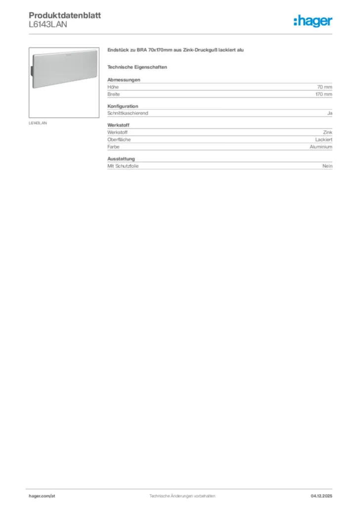 Bild Hager Produktdatenblatt L6143LAN | Hager Deutschland