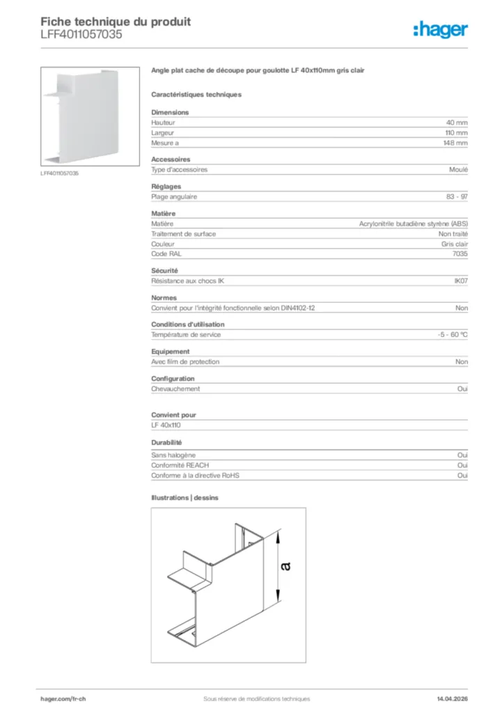 Image Hager Fiche technique du produit LFF4011057035 | Hager Suisse