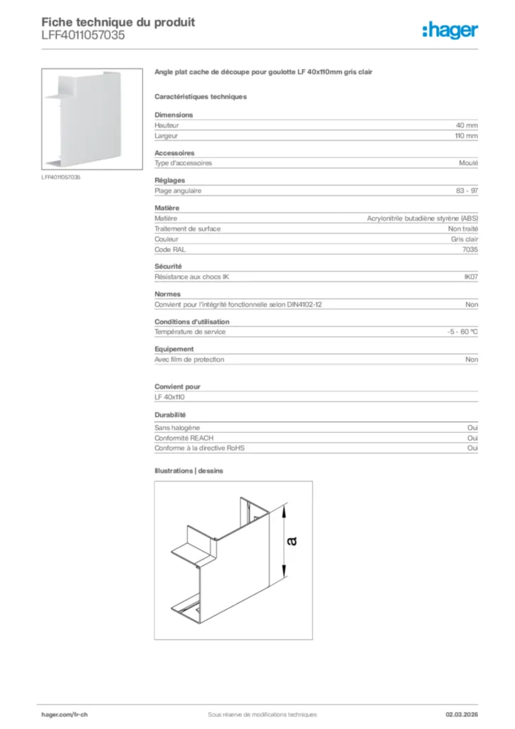 Image Hager Fiche technique du produit LFF4011057035 | Hager Suisse