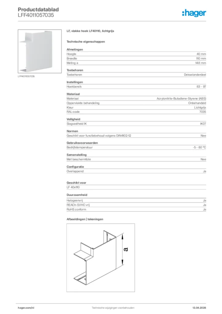 Afbeelding Hager Productdatablad LFF4011057035 | Hager Nederland