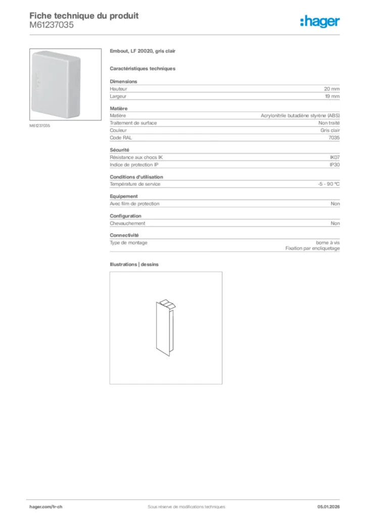 Image Hager Fiche technique du produit M61237035 | Hager Suisse