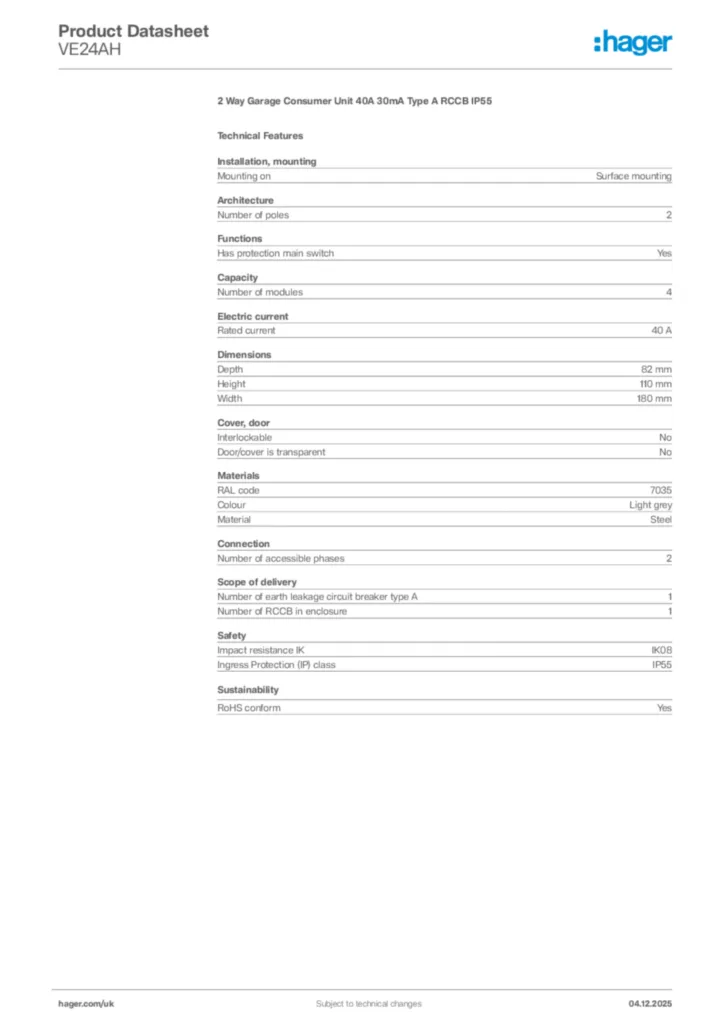 Image Hager Product data sheet VE24AH  | Hager