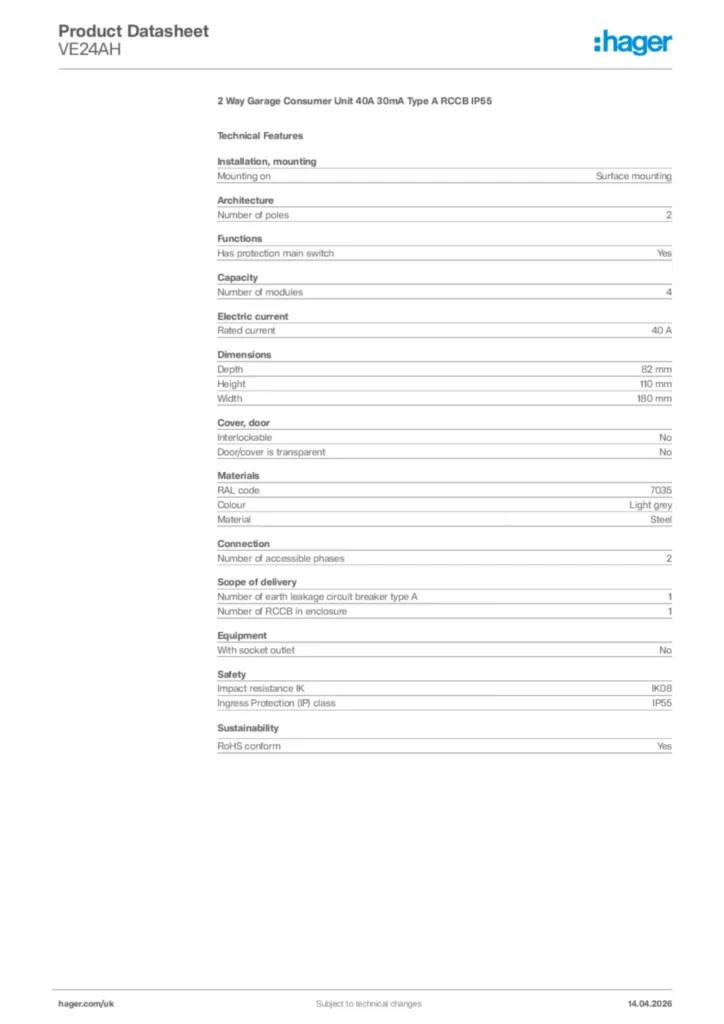 Image Hager Product data sheet VE24AH  | Hager