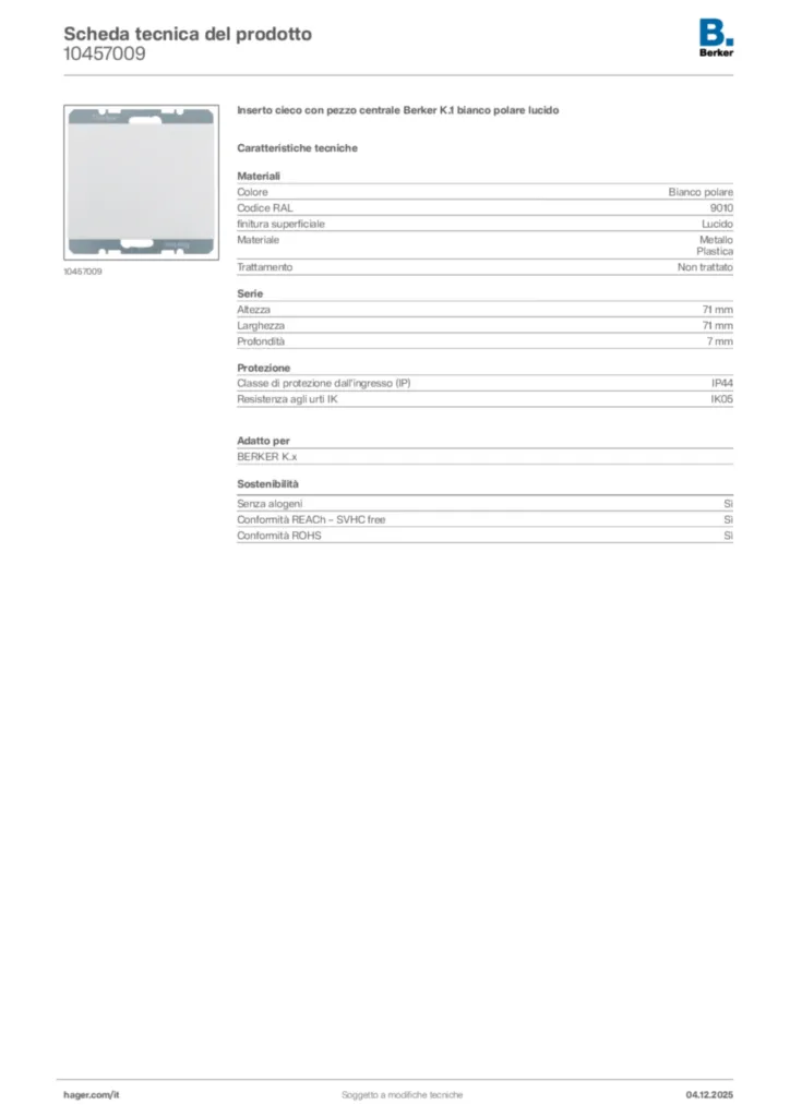 Immagine Berker Scheda tecnica del prodotto 10457009 | Hager Italia