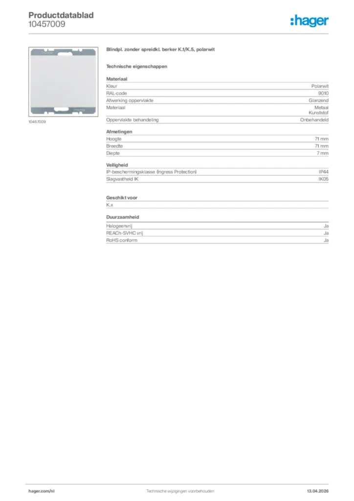 Afbeelding Hager Productdatablad 10457009 | Hager Nederland