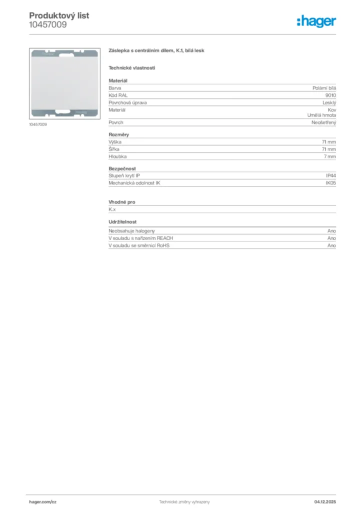 Obrázek Hager Produktový list 10457009 | Hager
