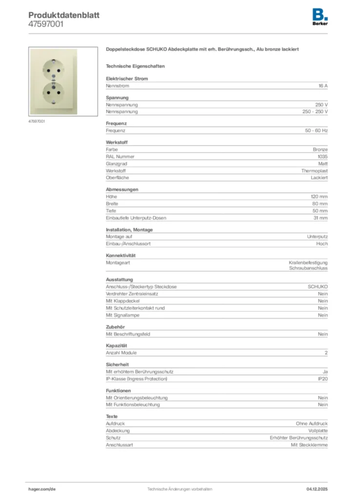Bild Berker Produktdatenblatt 47597001 | Hager Deutschland