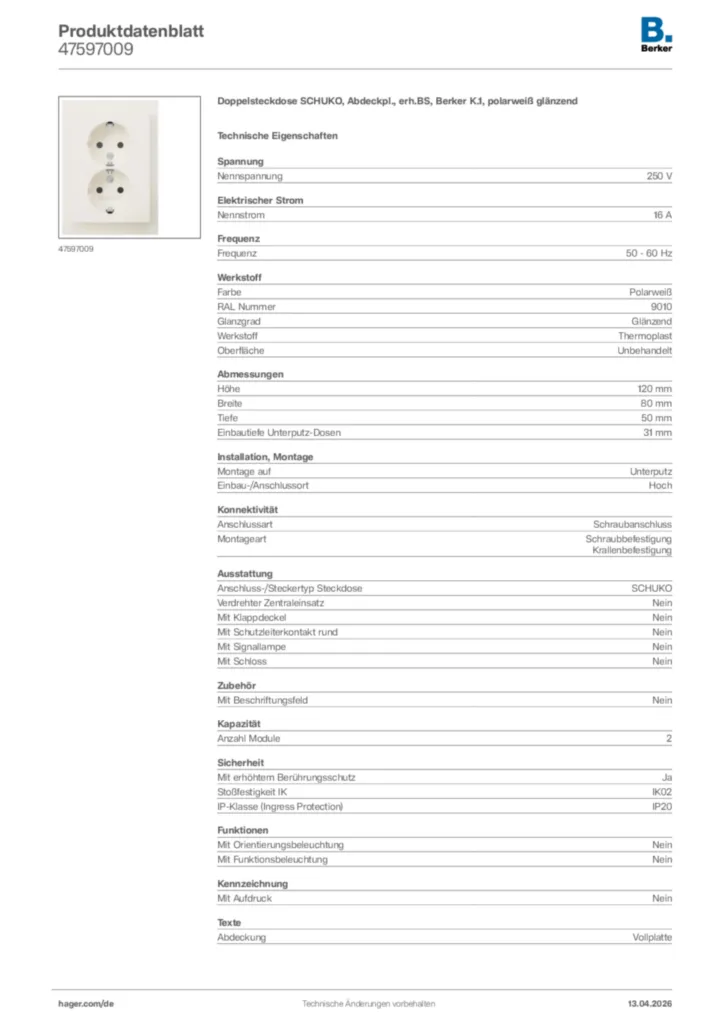 Bild Berker Produktdatenblatt 47597009 | Hager Deutschland