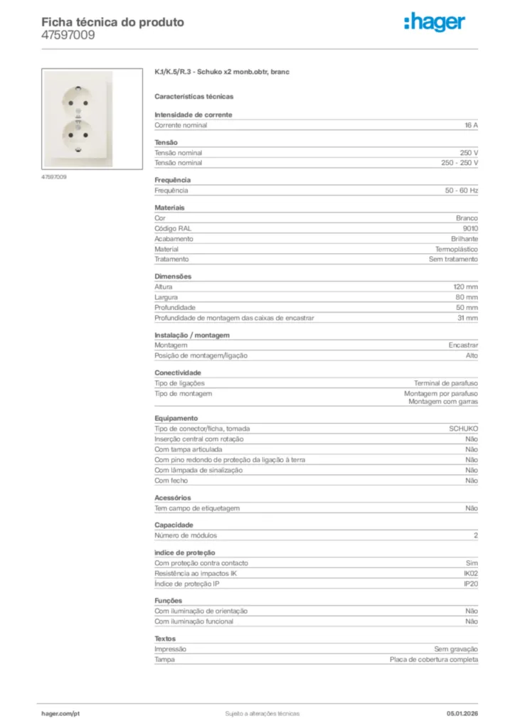 Imagem Hager Ficha técnica do produto 47597009 | Hager Portugal