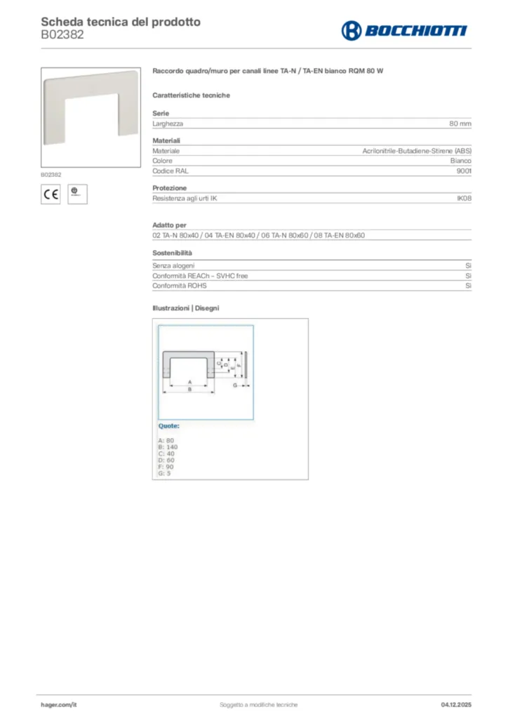 Immagine Bocchiotti Scheda tecnica del prodotto B02382 | Hager Italia