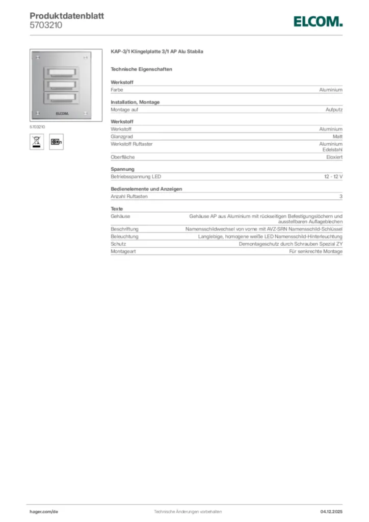 Bild Elcom Produktdatenblatt 5703210 | Hager Deutschland