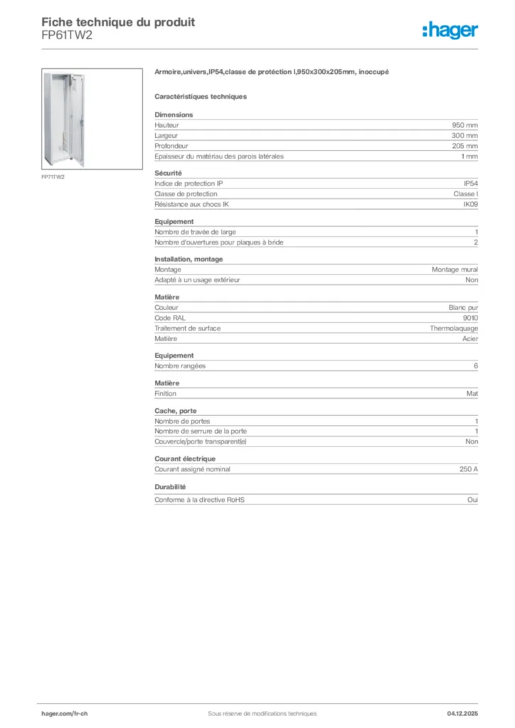 Image Hager Fiche technique du produit FP61TW2 | Hager Suisse