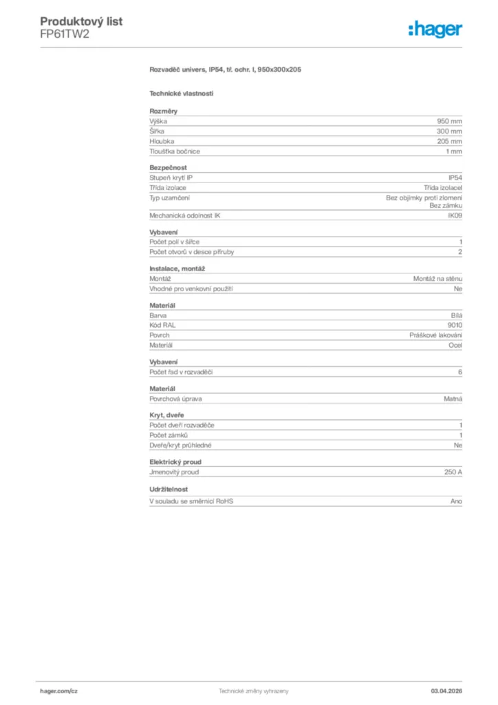 Obrázek Hager Product data sheet FP61TW2 | Hager