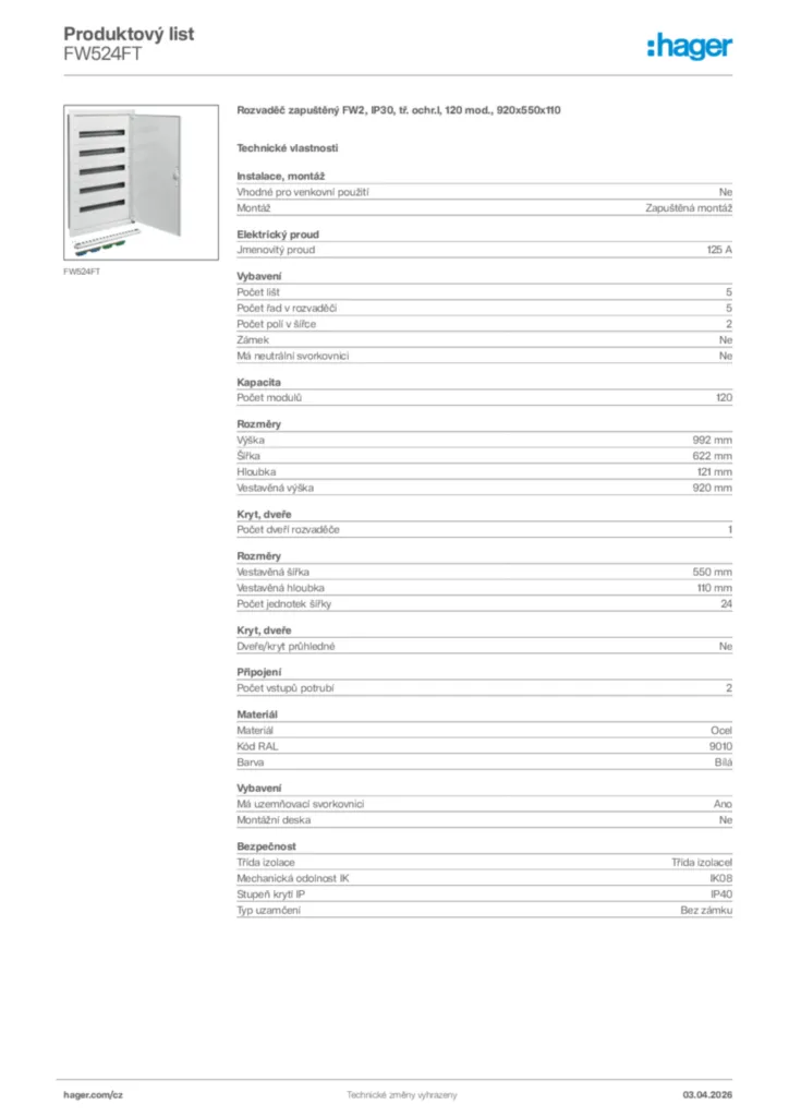 Obrázek Hager Product data sheet FW524FT | Hager