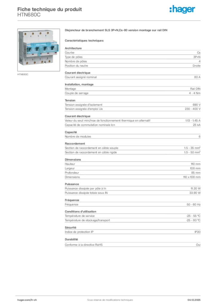 Image Hager Fiche technique du produit HTN680C | Hager Suisse