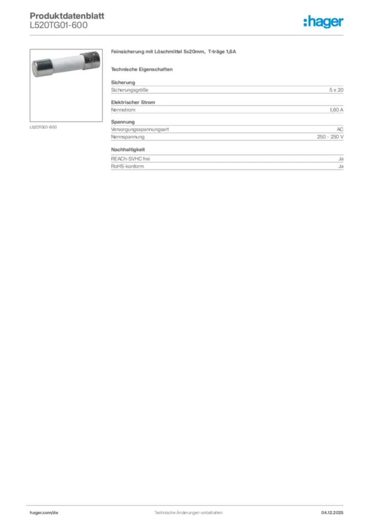 Bild Hager Produktdatenblatt L520TG01-600 | Hager Deutschland