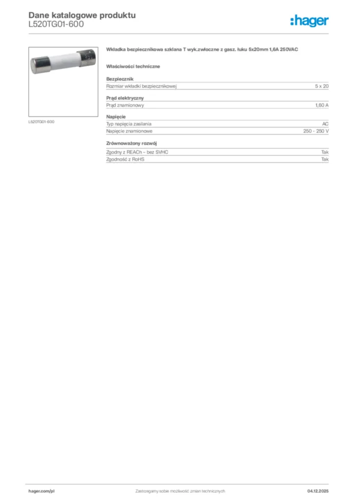 Zdjęcie Hager Karta katalogowa L520TG01-600 | Hager Polska