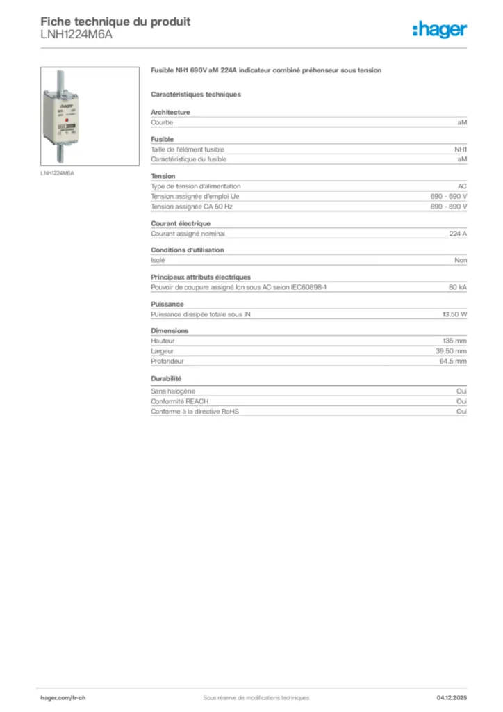 Image Hager Fiche technique du produit LNH1224M6A | Hager Suisse