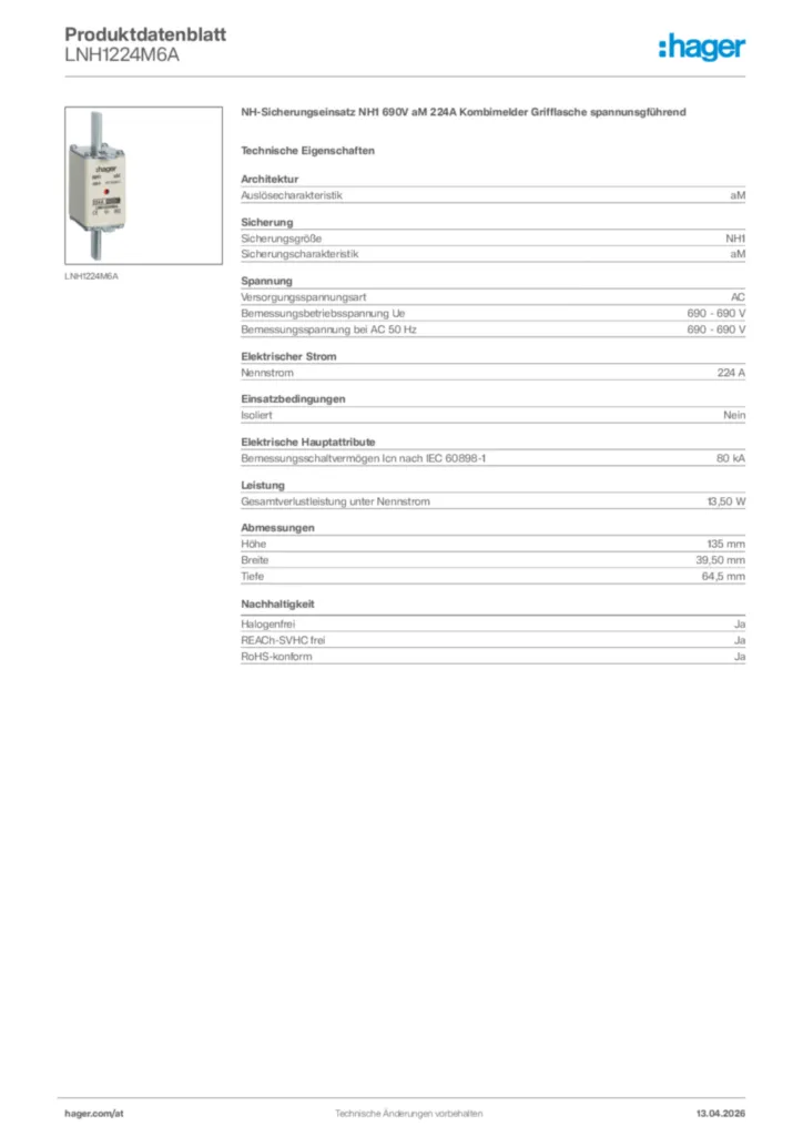 Bild Hager Produktdatenblatt LNH1224M6A | Hager Deutschland