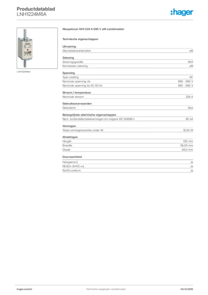 Afbeelding Hager Productdatablad LNH1224M6A | Hager Nederland