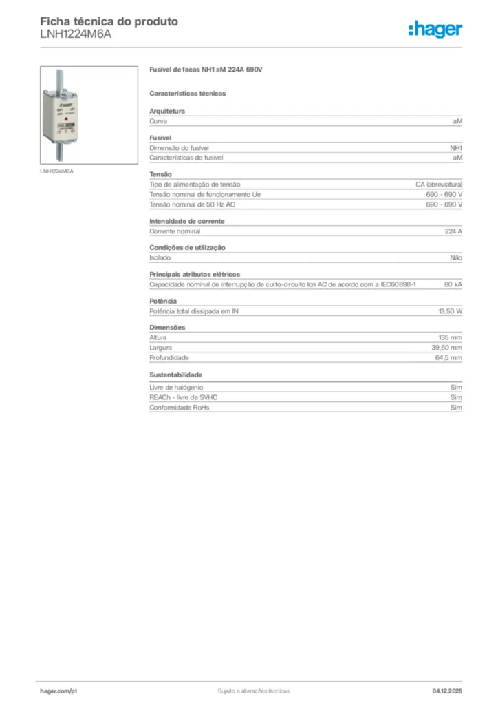 Imagem Hager Ficha técnica do produto LNH1224M6A | Hager Portugal