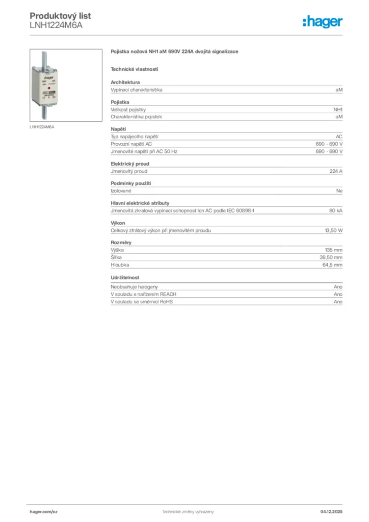Obrázek Hager Produktový list LNH1224M6A | Hager