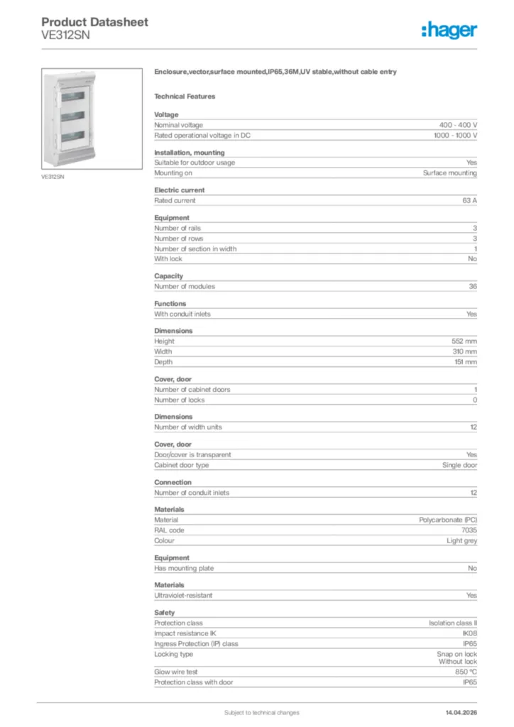 Image Hager Product data sheet VE312SN  | Hager Africa