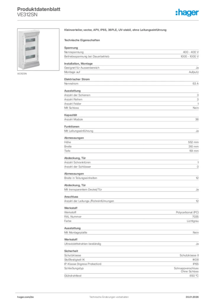 Hager Produktdatenblatt VE312SN