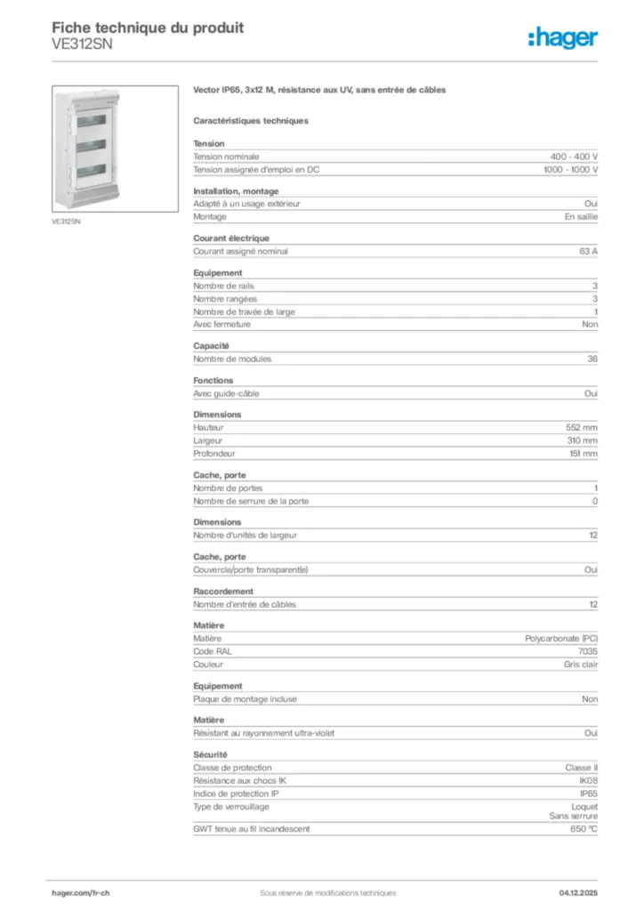 Image Hager Fiche technique du produit VE312SN | Hager Suisse