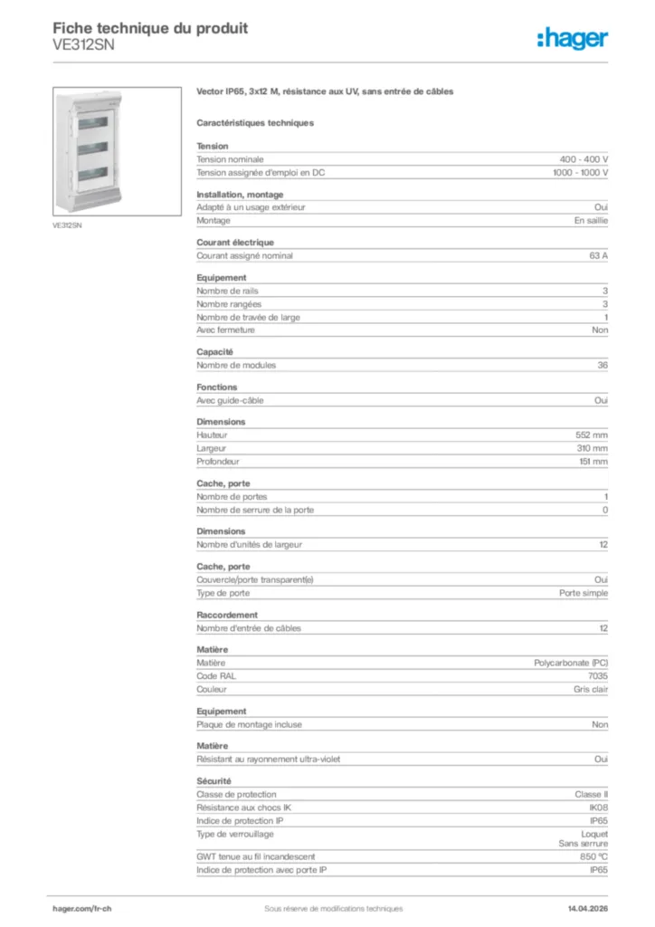 Image Hager Fiche technique du produit VE312SN | Hager Suisse