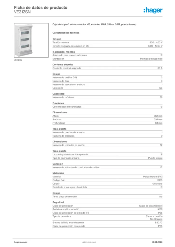 Imagen Hager Ficha de datos de producto VE312SN | Hager España