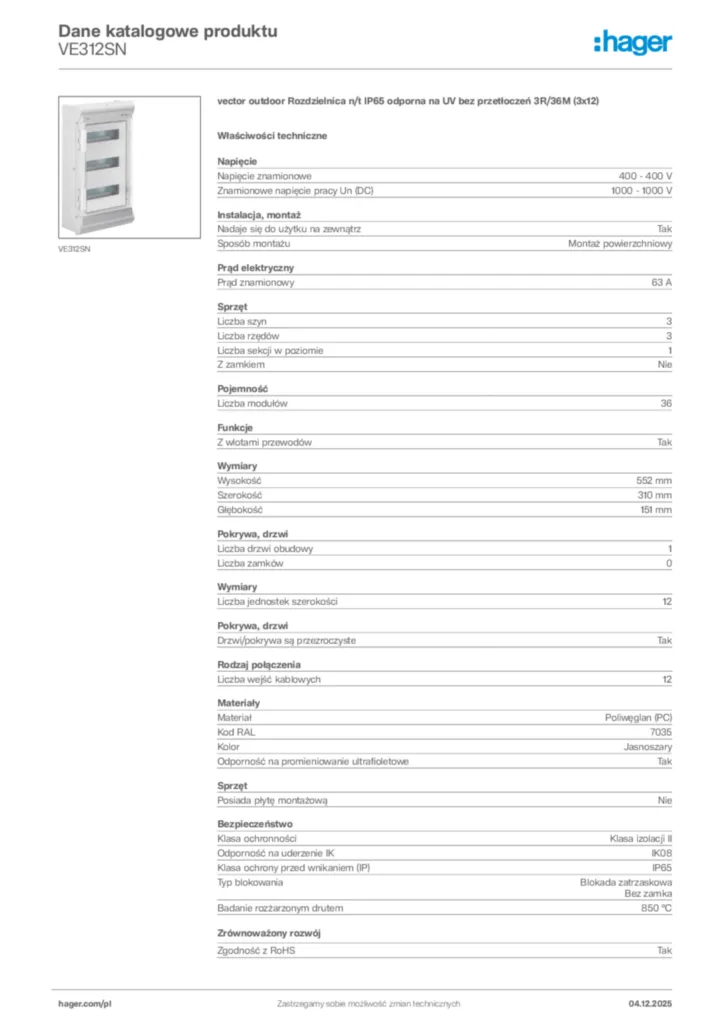 Zdjęcie Hager Karta katalogowa VE312SN | Hager Polska
