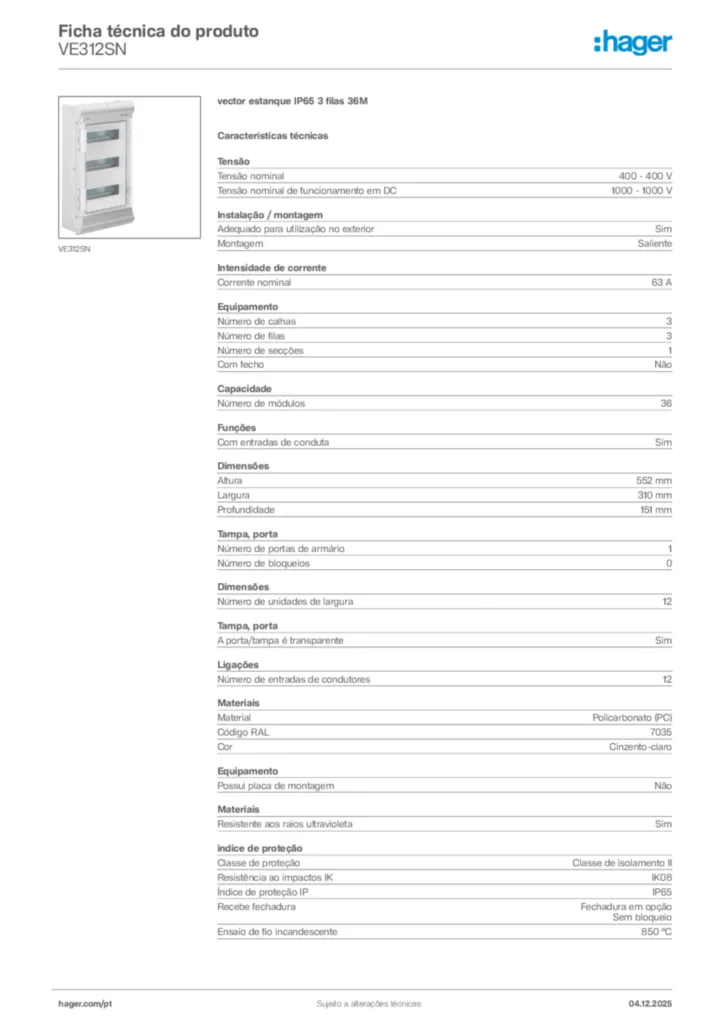 Imagem Hager Ficha técnica do produto VE312SN | Hager Portugal