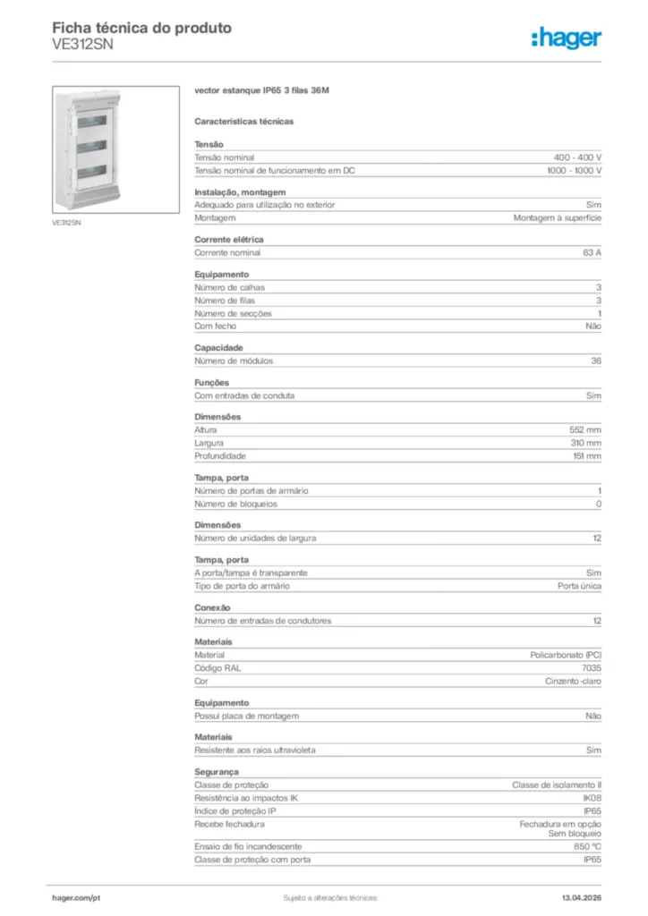 Imagem Hager Ficha técnica do produto VE312SN | Hager Portugal