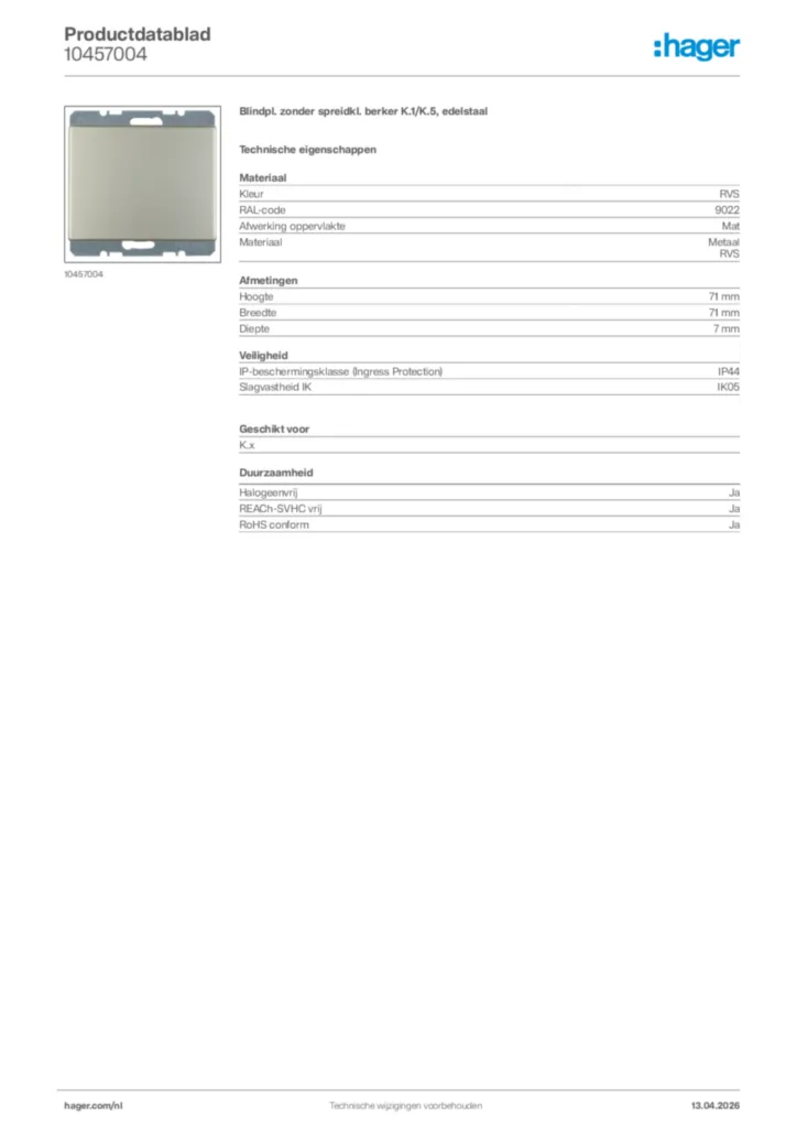 Afbeelding Hager Productdatablad 10457004 | Hager Nederland