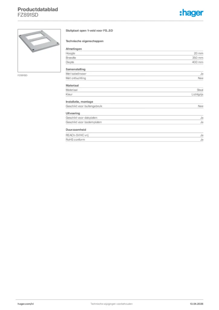 Afbeelding Hager Productdatablad FZ891SD | Hager Nederland