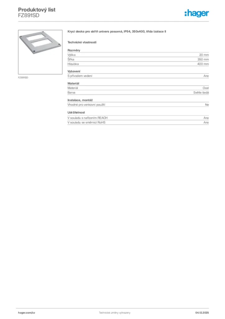 Obrázek Hager Product data sheet FZ891SD | Hager