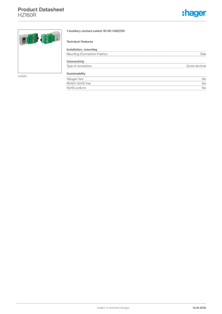 Image Hager Product data sheet HZ160R  | Hager Africa