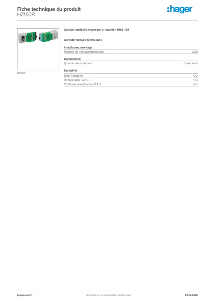 Image Hager Fiche technique du produit HZ160R | Hager France