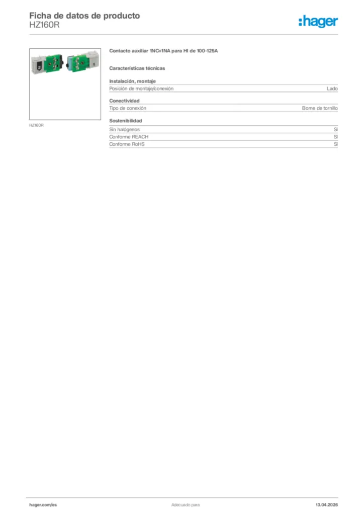 Imagen Hager Ficha de datos de producto HZ160R | Hager España
